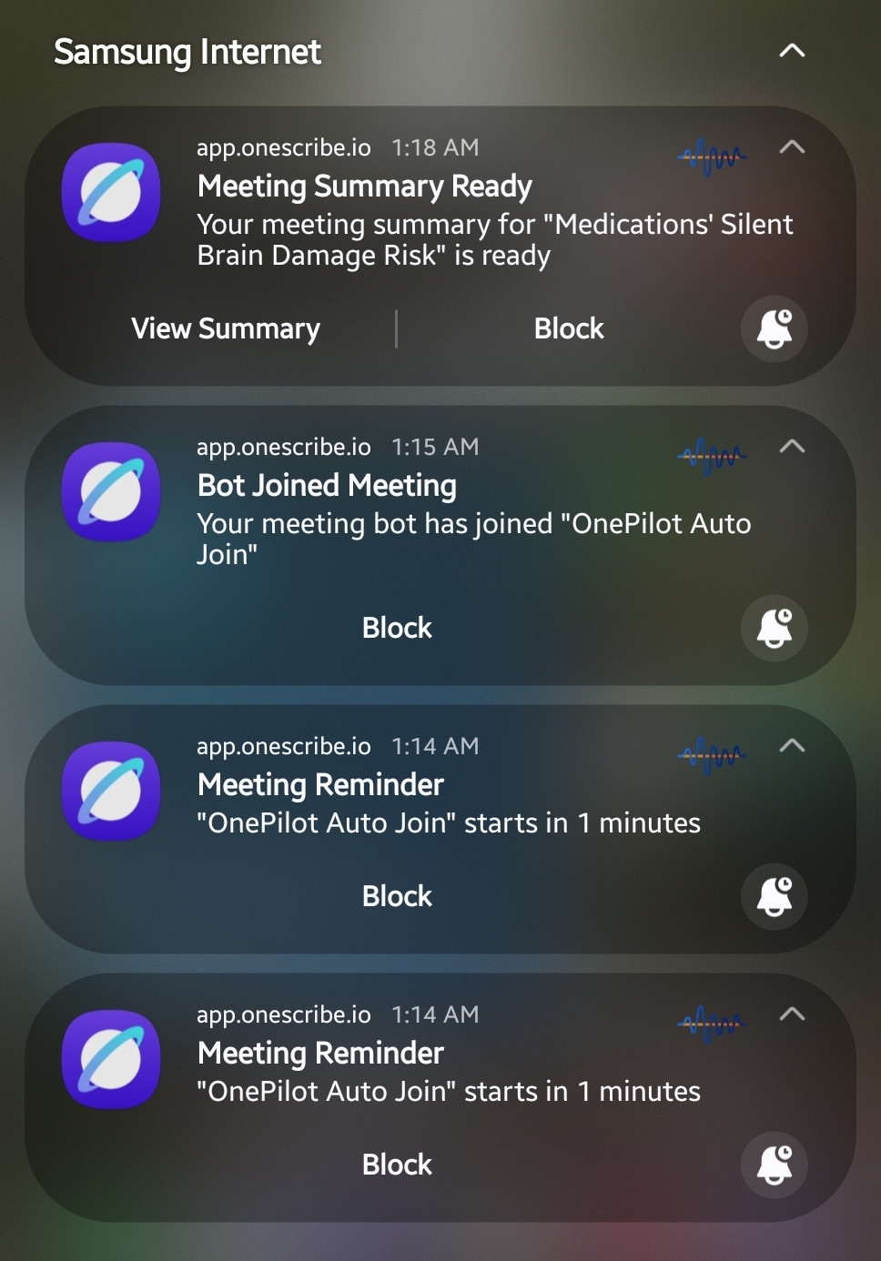 OneScribe mobile push notifications showing meeting reminders, bot join confirmations, and summary ready alerts