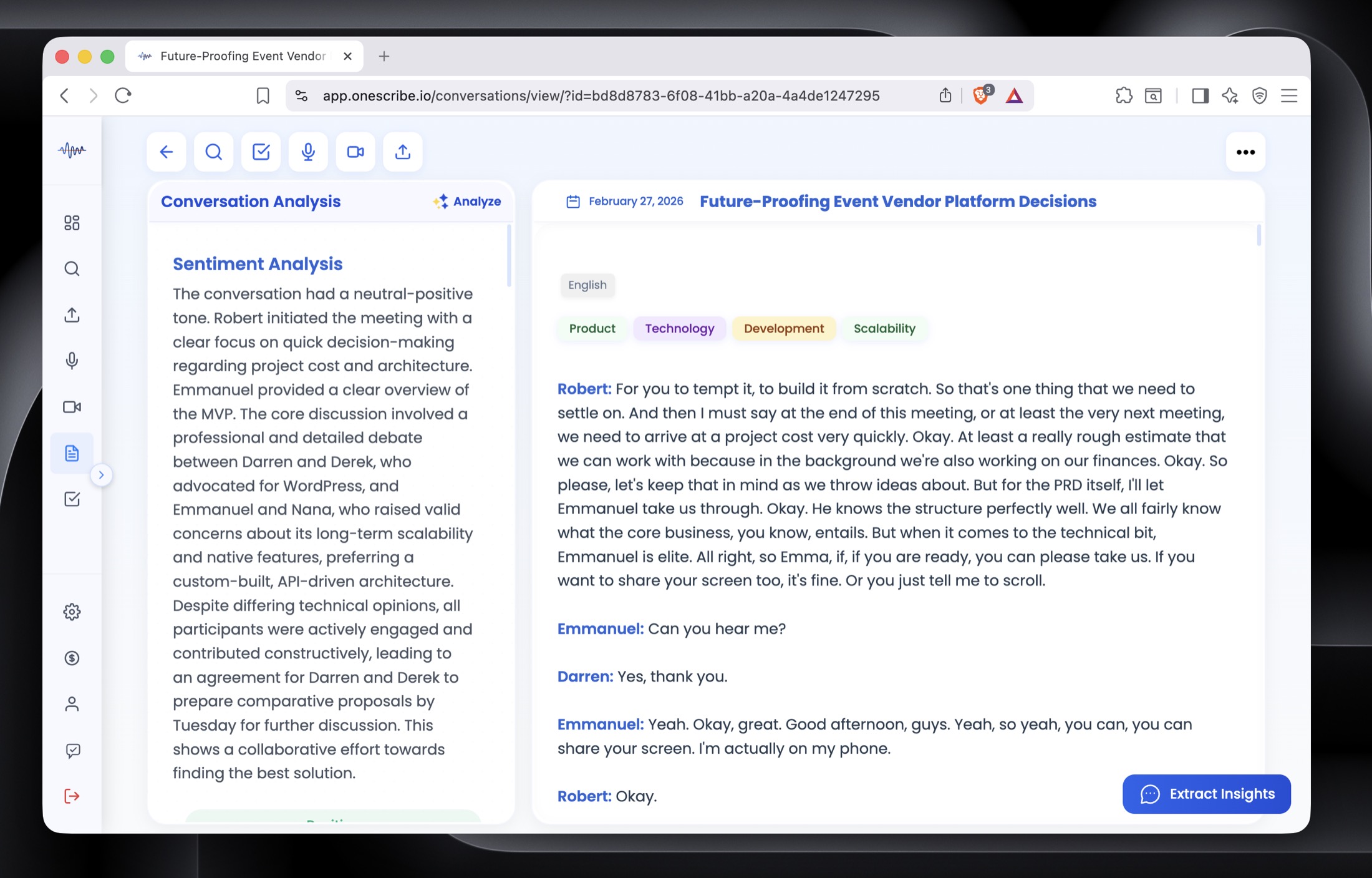OneScribe conversation analysis showing sentiment analysis, speaker labels, and topic tags